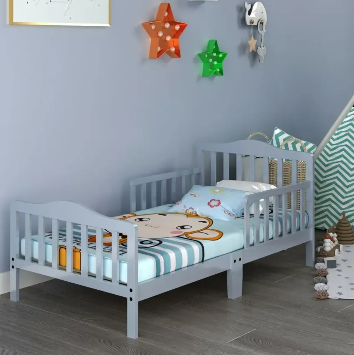 Classic Design Kids Wood Toddler Bed Frame with Two Side Safety Guardrails