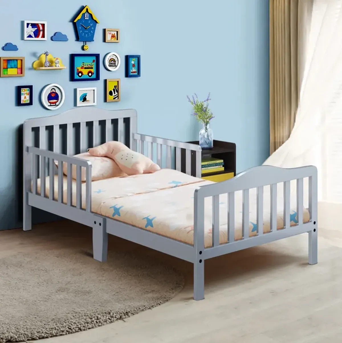 Classic Design Kids Wood Toddler Bed Frame with Two Side Safety Guardrails