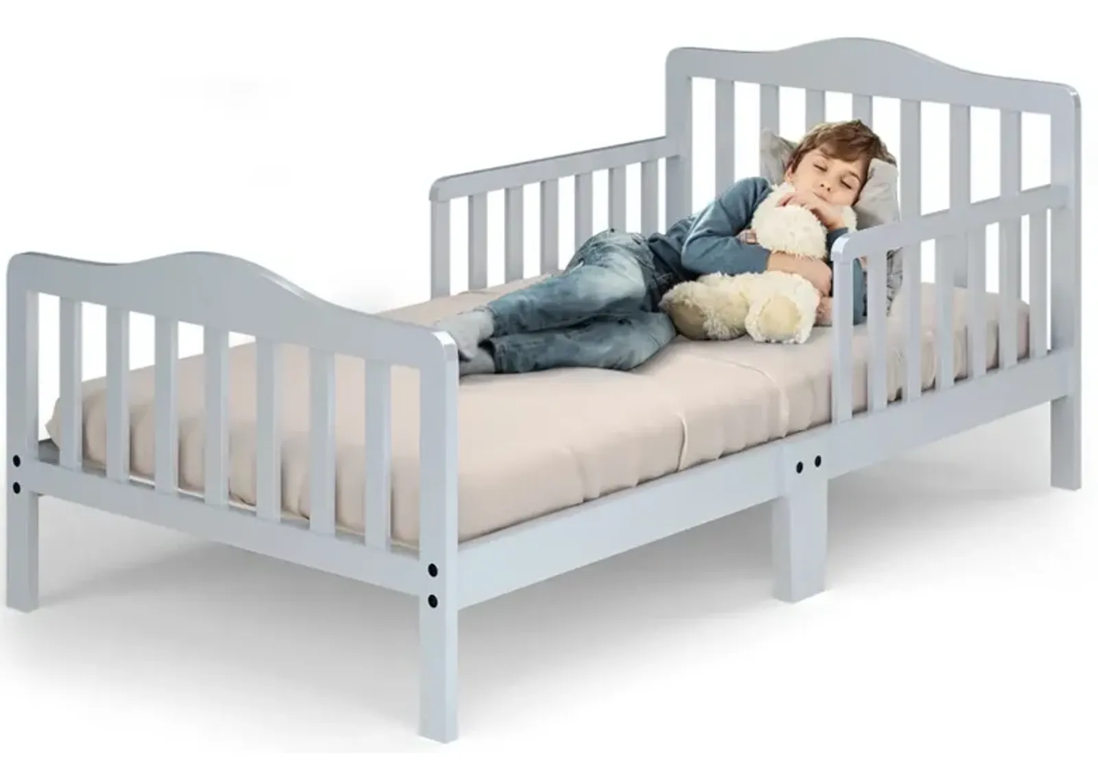 Classic Design Kids Wood Toddler Bed Frame with Two Side Safety Guardrails