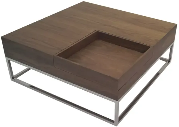 Rina 35 Inch Coffee Table, Removable Square Wood Tray, Storage, Steel Base - Benzara