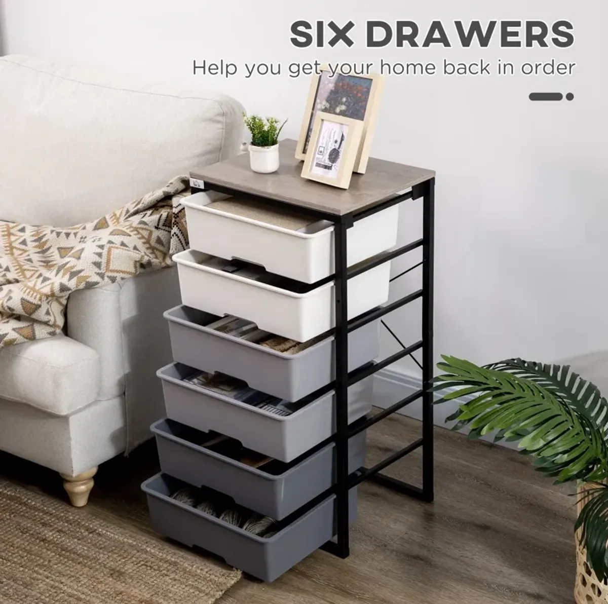 Grey Bedroom Organizer: 6-Drawer Chest with Steel Frame