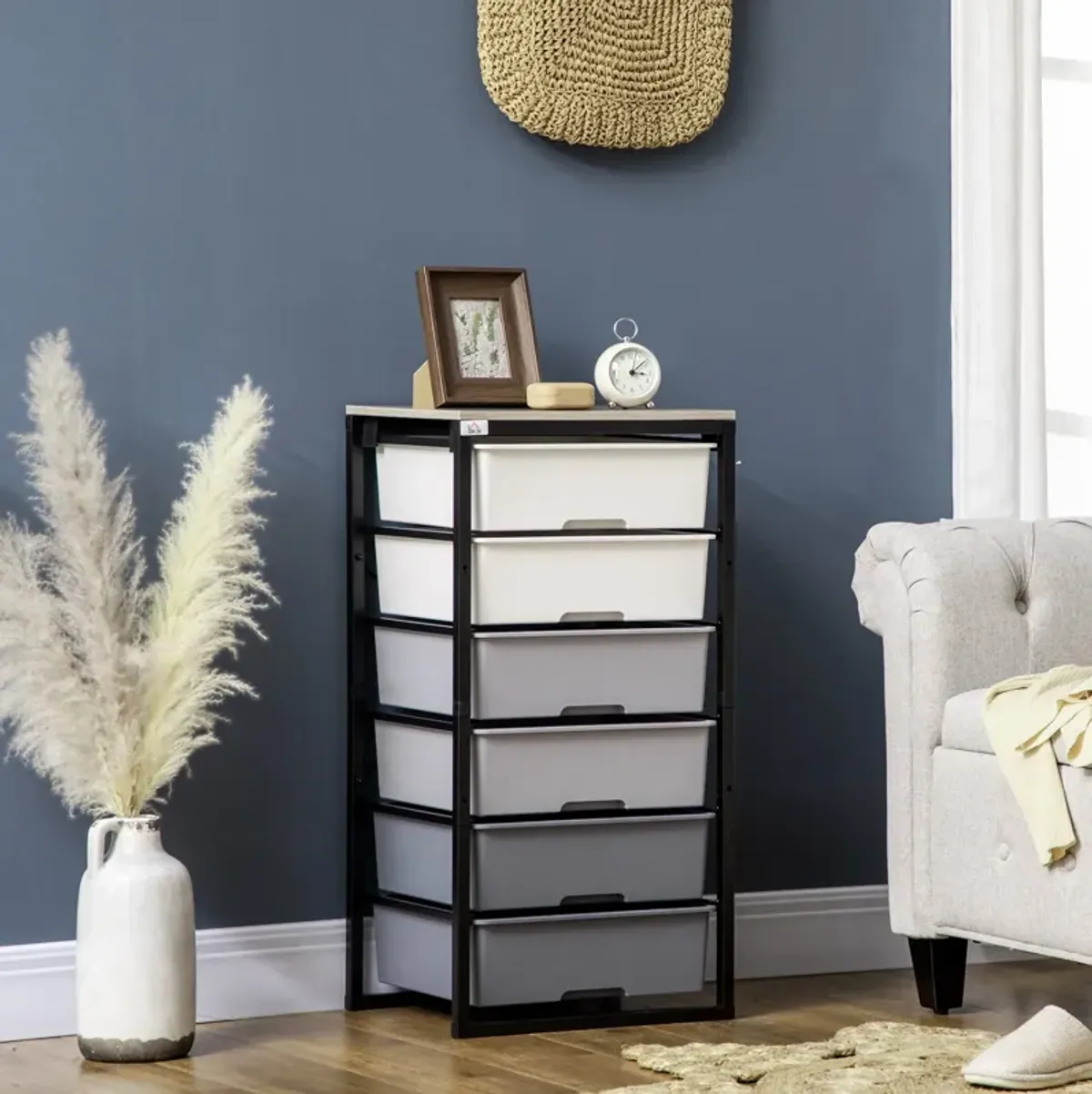 Grey Bedroom Organizer: 6-Drawer Chest with Steel Frame