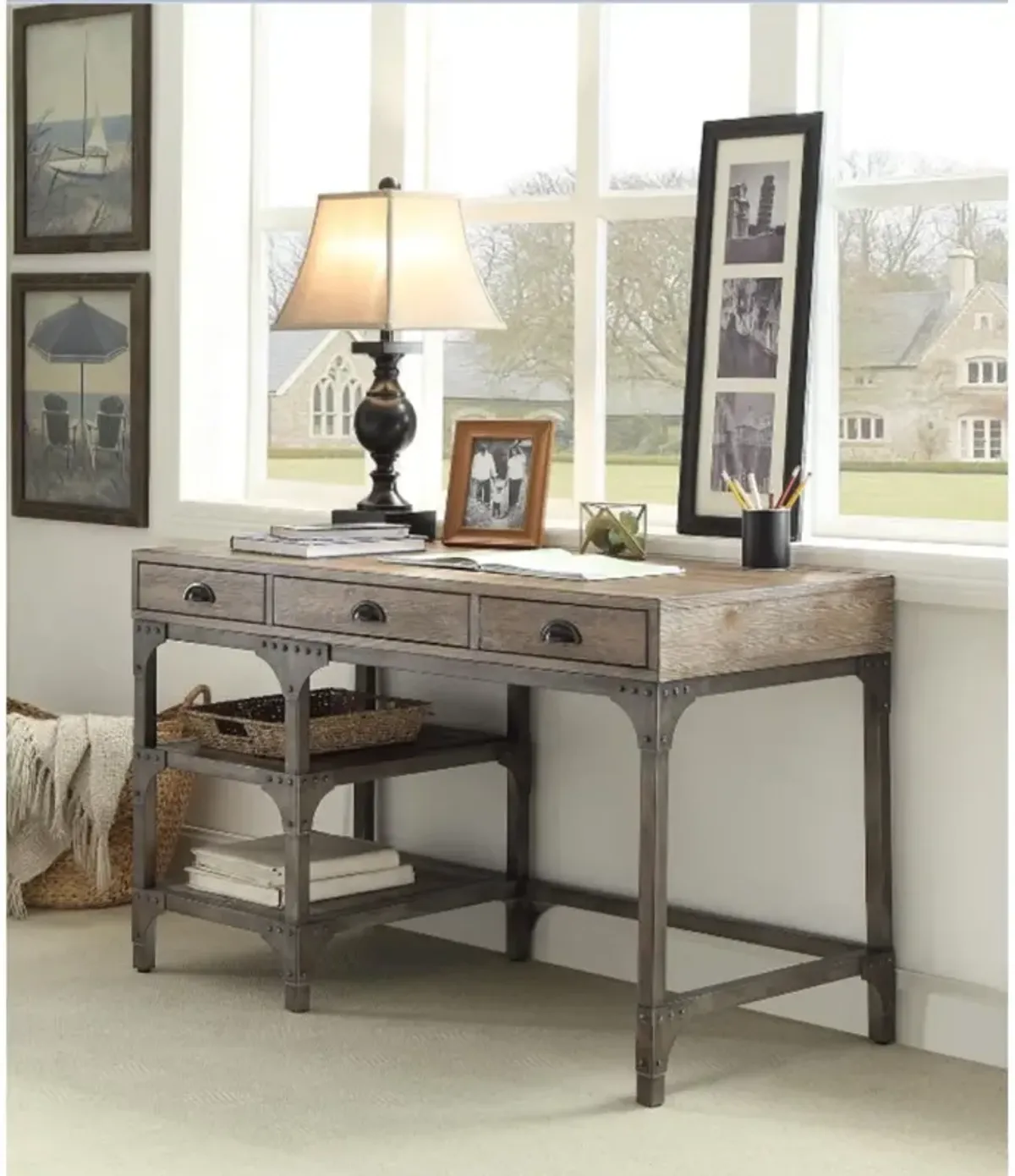 Gorden Desk in Weathered Oak & Silver 92325