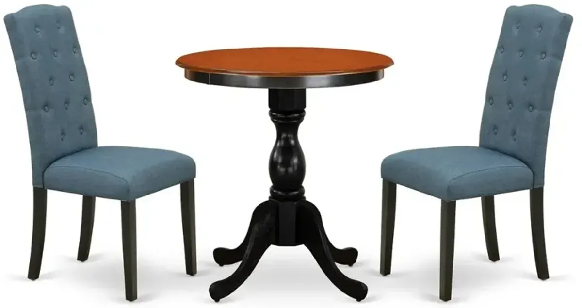 East West Furniture 3-Piece Dining Room Table Set Consist of Dining Table and 2 Blue Linen Fabric Upholstered Chairs with Button Tufted Back - Black Finish