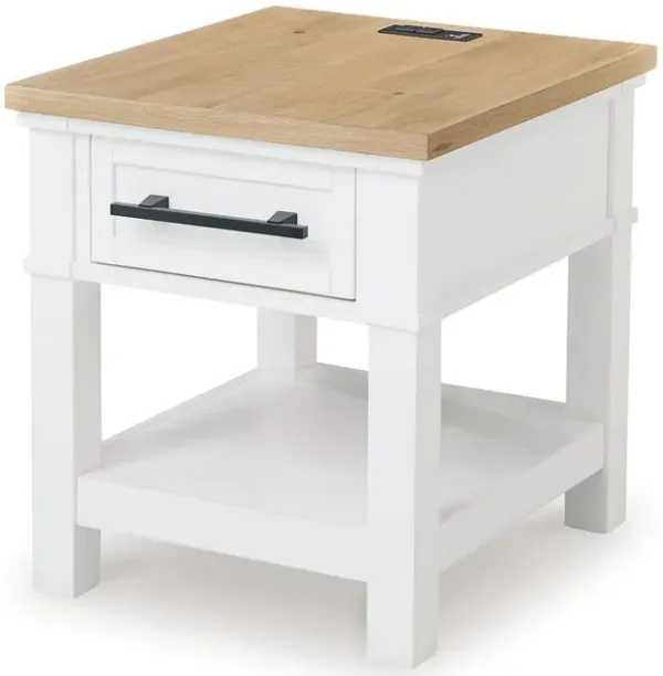 Bryn Side End Table, USB Port and Lower Shelf, 24 Inch White Hardwood - Benzara