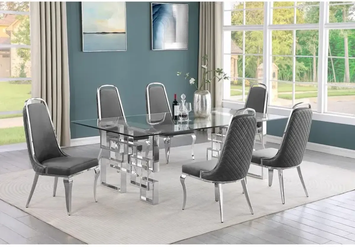 7-piece glam dining set with 6 Dark grey chairs and one 95" glass dining table