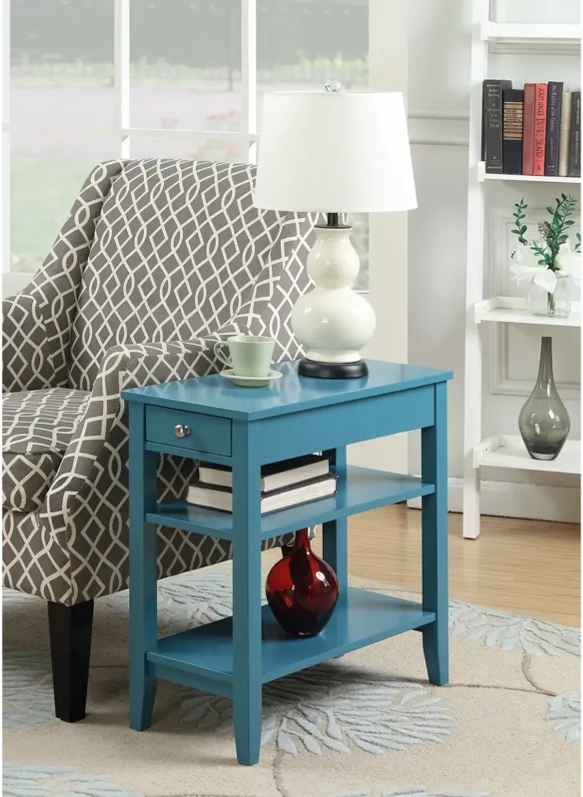 Convenience Concepts American Heritage 1 Drawer Chairside End Table with Shelves, 23.5"L x 11.25"W x 24"H, Blue