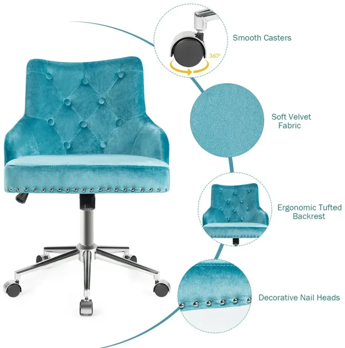 Tufted Upholstered Swivel Computer Desk Chair with Nailed Trim