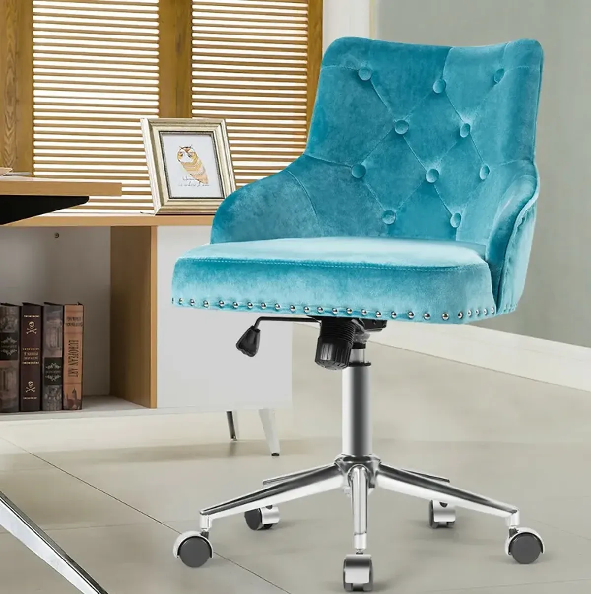 Tufted Upholstered Swivel Computer Desk Chair with Nailed Trim