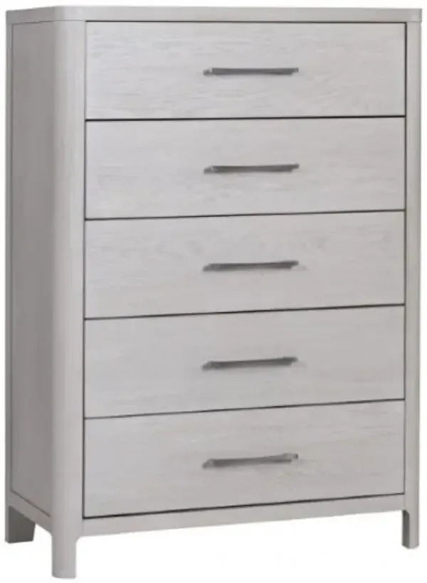 Reham Tall Dresser Chest, 5 Drawers, Pewter Handles, White Wash Brown - Benzara