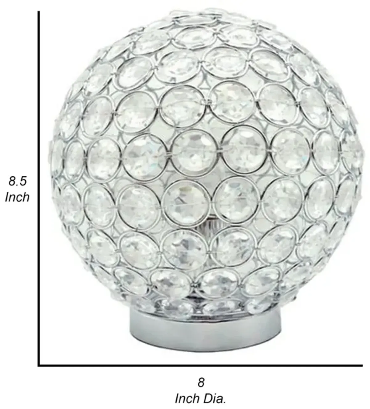 Denise 9 Inch Table Lamp, Round Metal Base, Crystal Ball Shade, Silver - Benzara