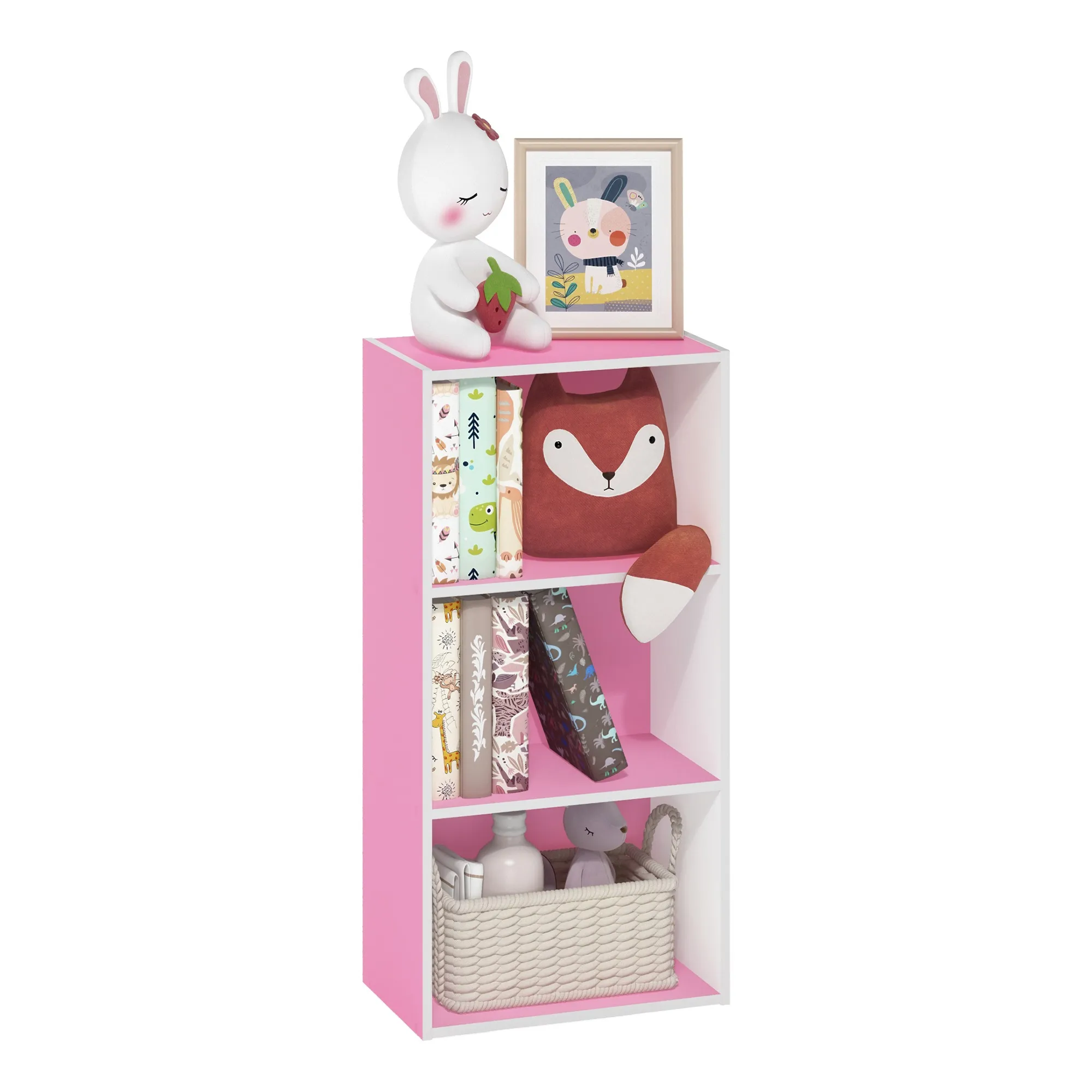 Furinno Luder 3-Tier Open Shelf Bookcase, Pink/White