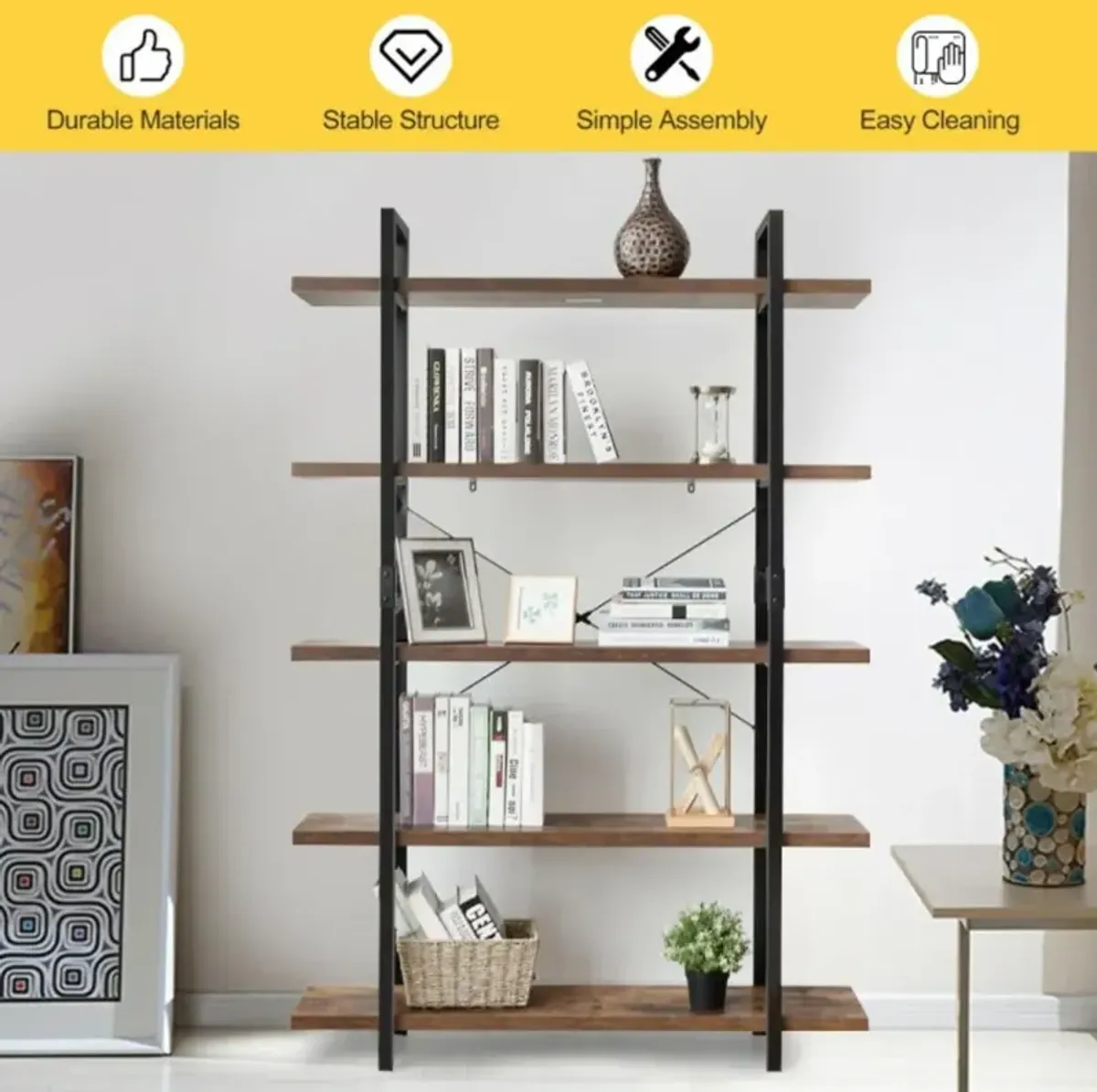 Hivvago 3/5-Tier Industrial Bookcase with Heavy-Duty Metal Frame