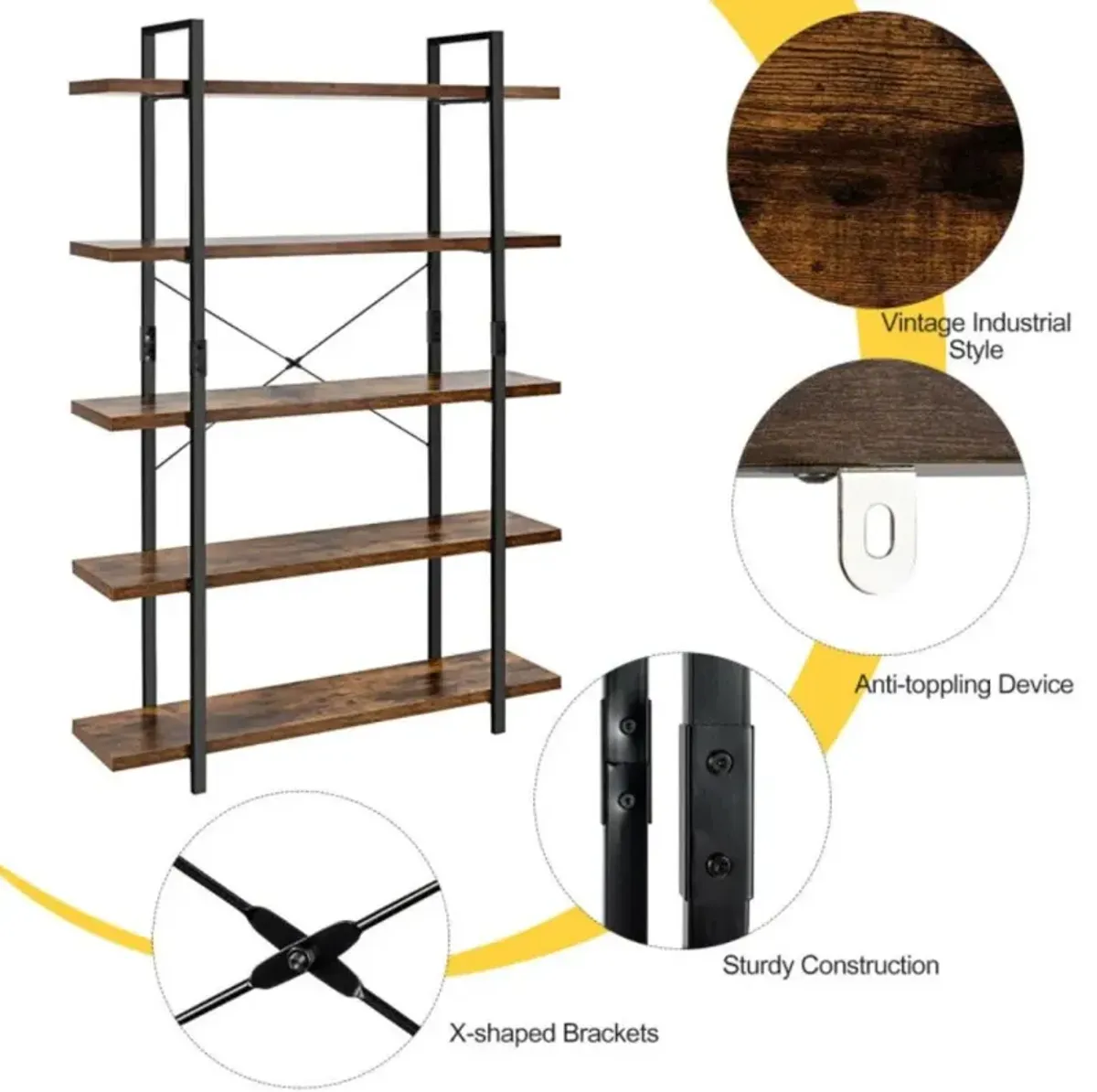 Hivvago 3/5-Tier Industrial Bookcase with Heavy-Duty Metal Frame