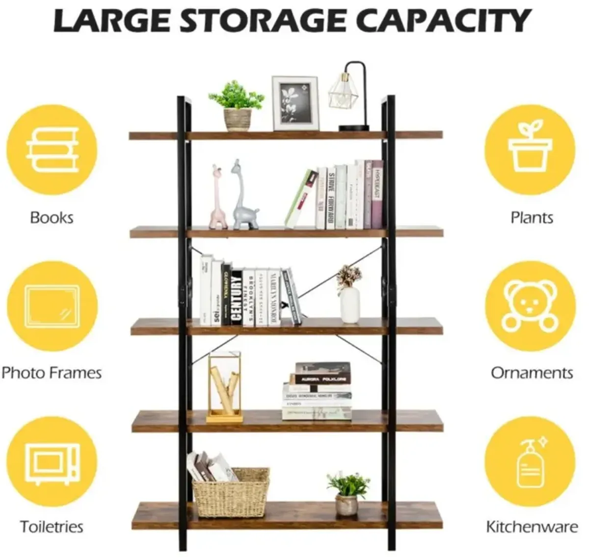 Hivvago 3/5-Tier Industrial Bookcase with Heavy-Duty Metal Frame