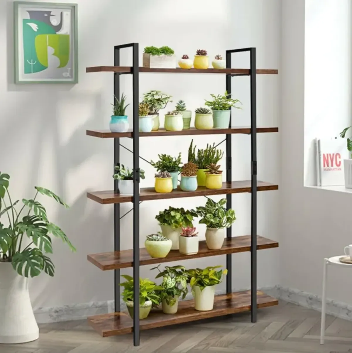 Hivvago 3/5-Tier Industrial Bookcase with Heavy-Duty Metal Frame