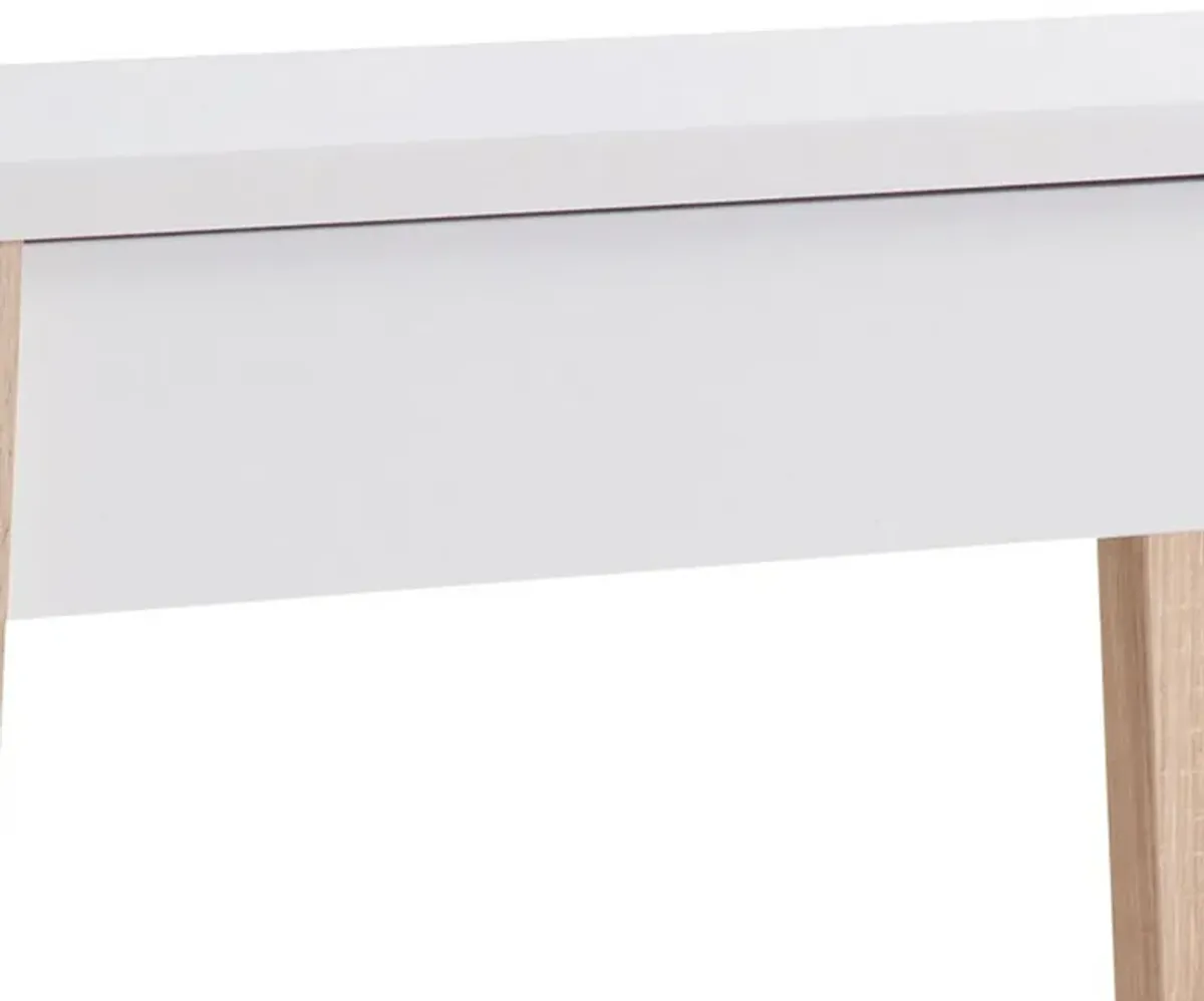 34 Inch Console Table with Drawer and Shelf, Tapered Legs, White, Brown-Benzara