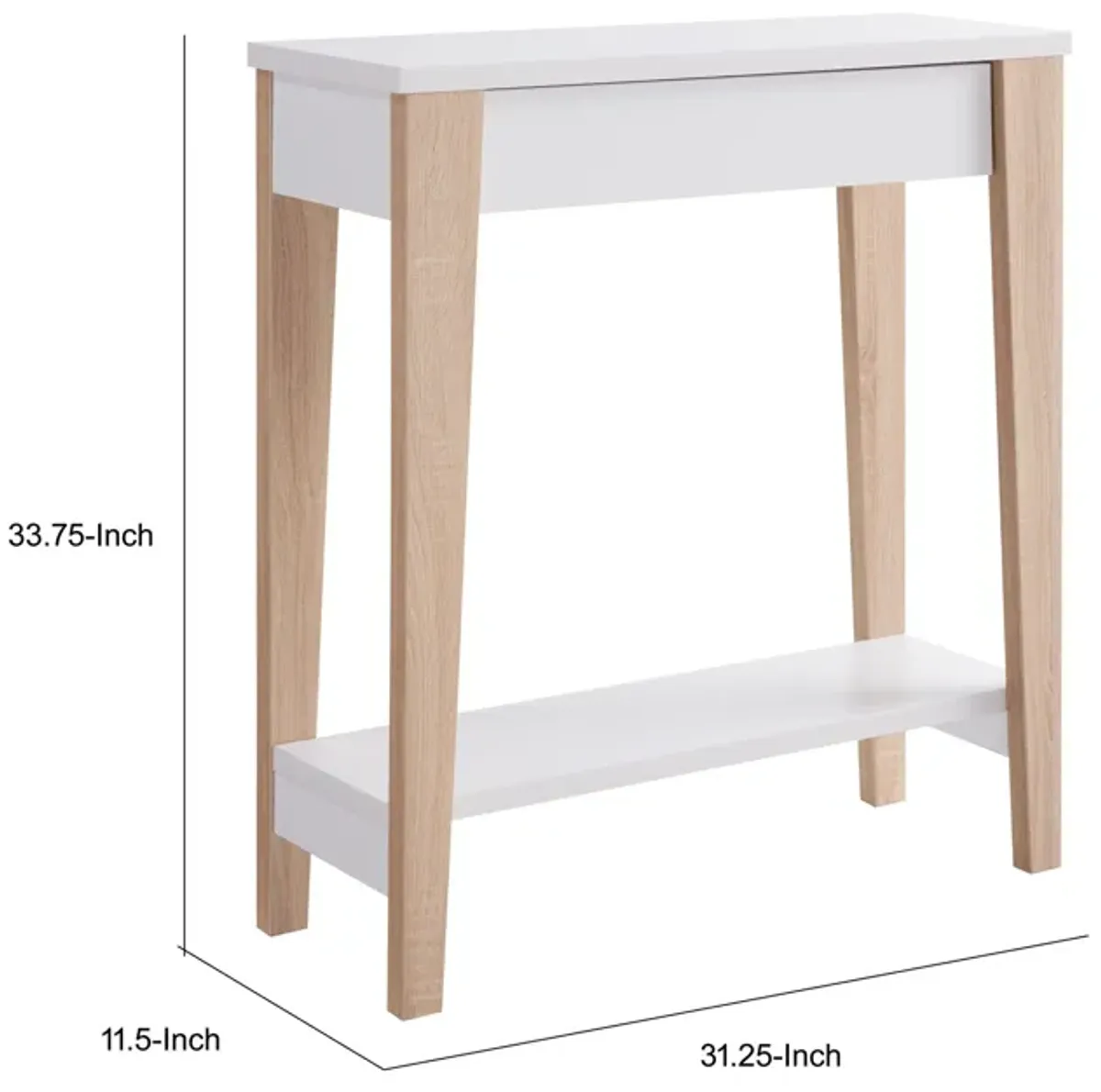 34 Inch Console Table with Drawer and Shelf, Tapered Legs, White, Brown-Benzara