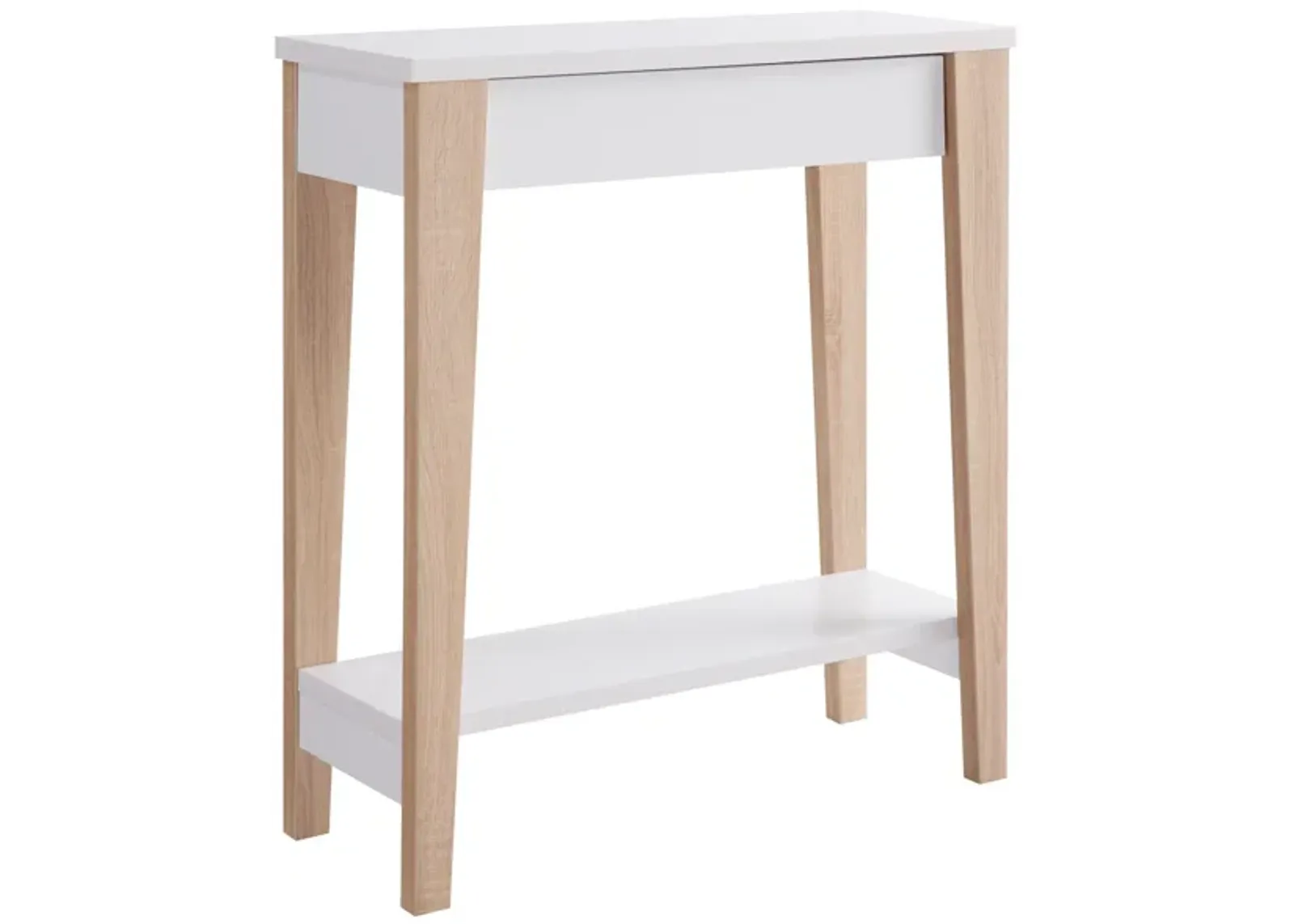 34 Inch Console Table with Drawer and Shelf, Tapered Legs, White, Brown-Benzara