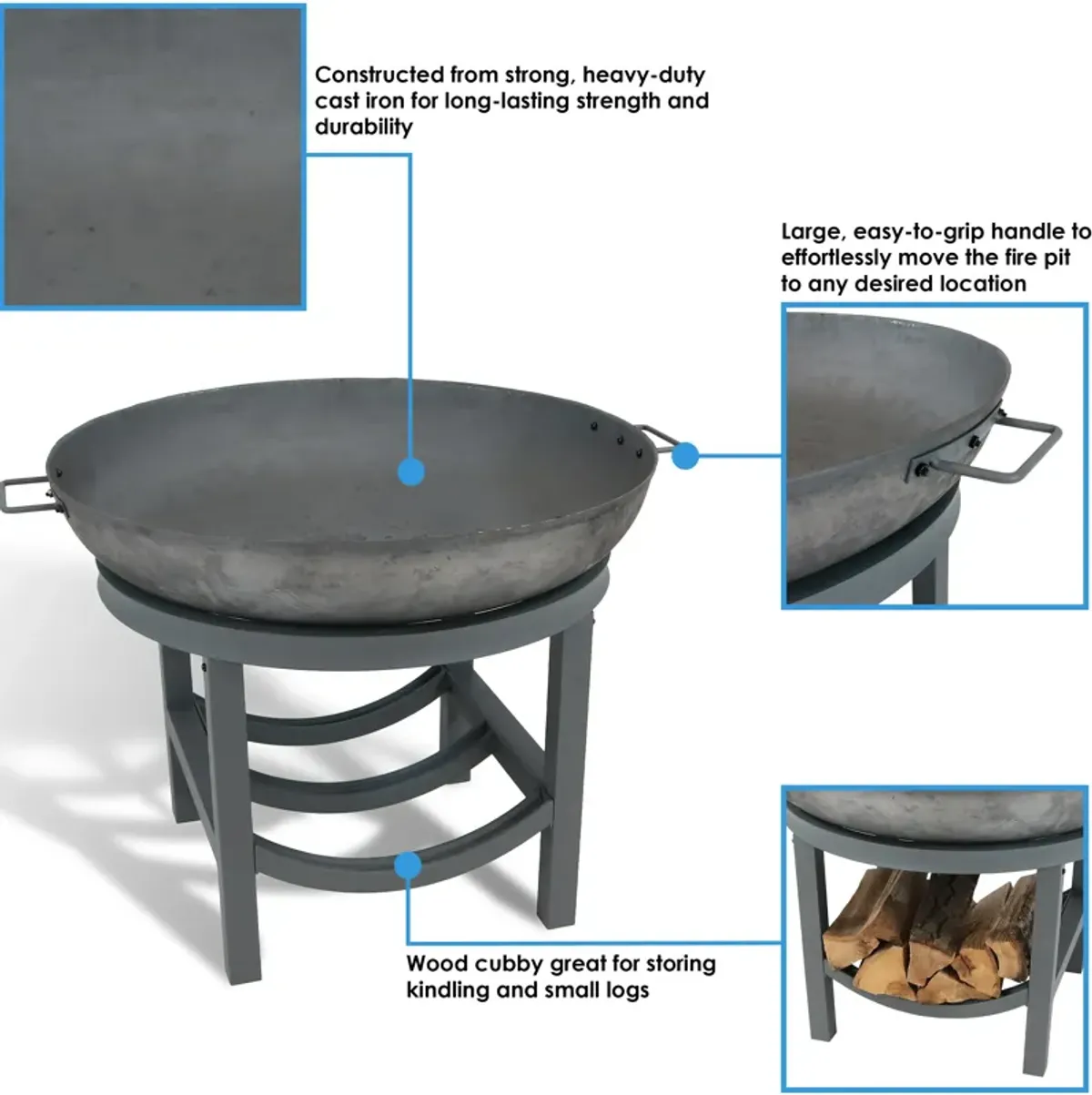 Sunnydaze 30 in Round Cast Iron Fire Pit Bowl with Built-In Log Rack