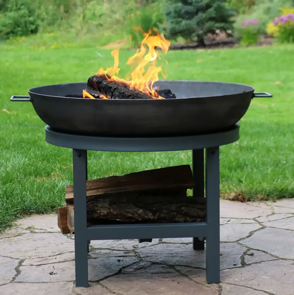 Sunnydaze 30 in Round Cast Iron Fire Pit Bowl with Built-In Log Rack