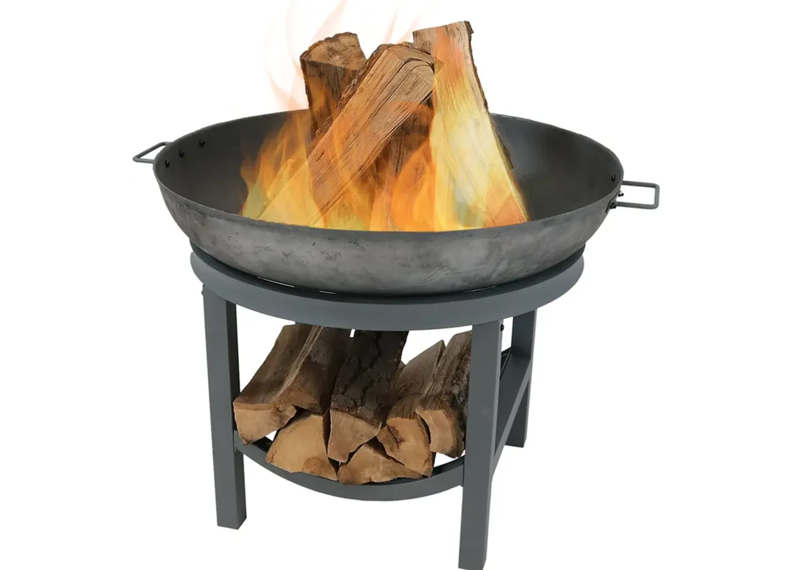 Sunnydaze 30 in Round Cast Iron Fire Pit Bowl with Built-In Log Rack