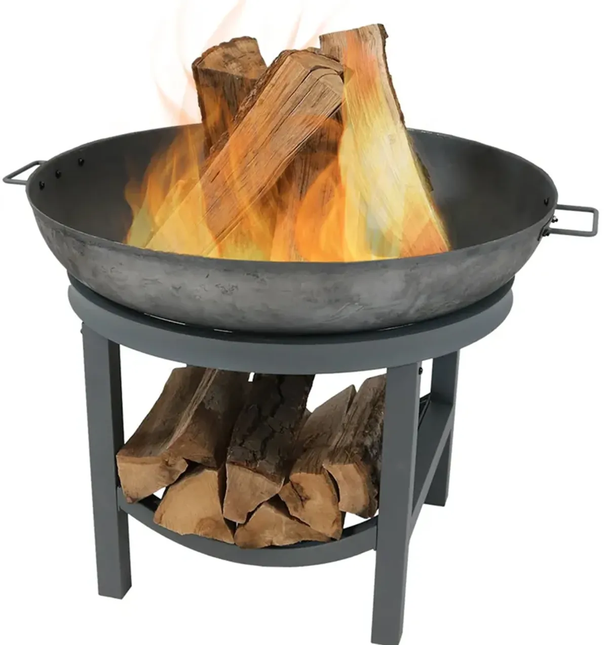 Sunnydaze 30 in Round Cast Iron Fire Pit Bowl with Built-In Log Rack