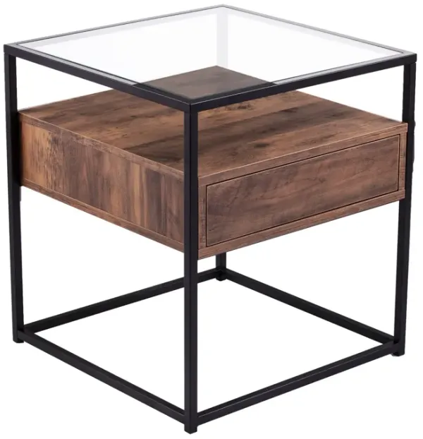 Hivvago 22 Inch Black Glass And Iron Square End Table With Drawer With Shelf