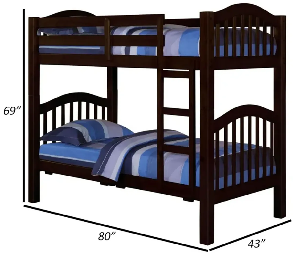 Twin Over Twin Bunk Bed, Pine Wood, Slatted Headboard, Espresso Brown  - Benzara