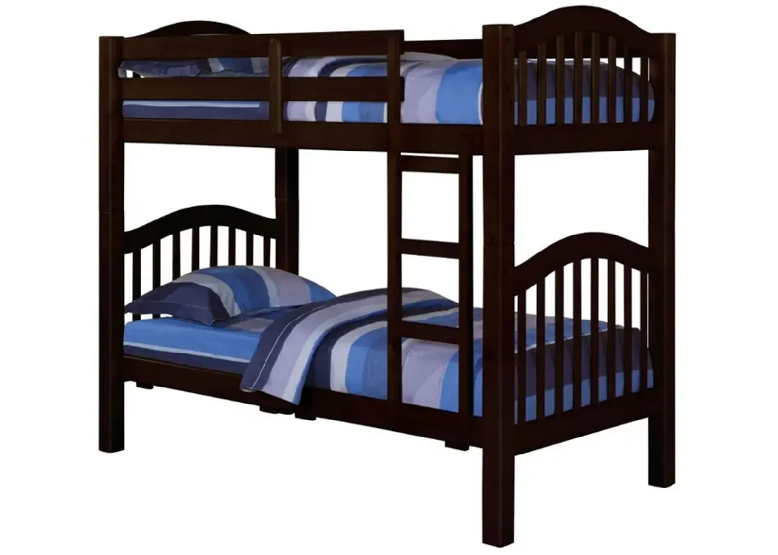 Twin Over Twin Bunk Bed, Pine Wood, Slatted Headboard, Espresso Brown  - Benzara