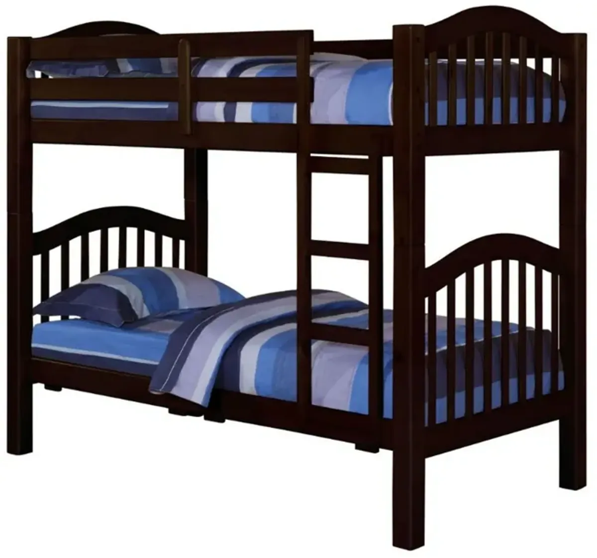 Twin Over Twin Bunk Bed, Pine Wood, Slatted Headboard, Espresso Brown  - Benzara