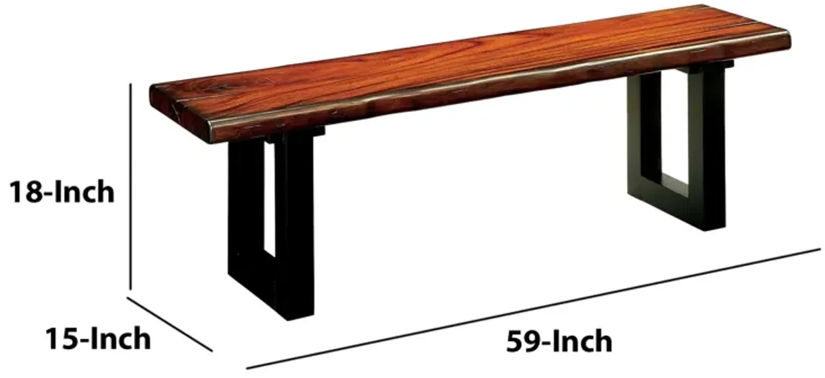 Rectangular Wooden Bench with Curved Edges and Sled Base, Brown and Black-Benzara