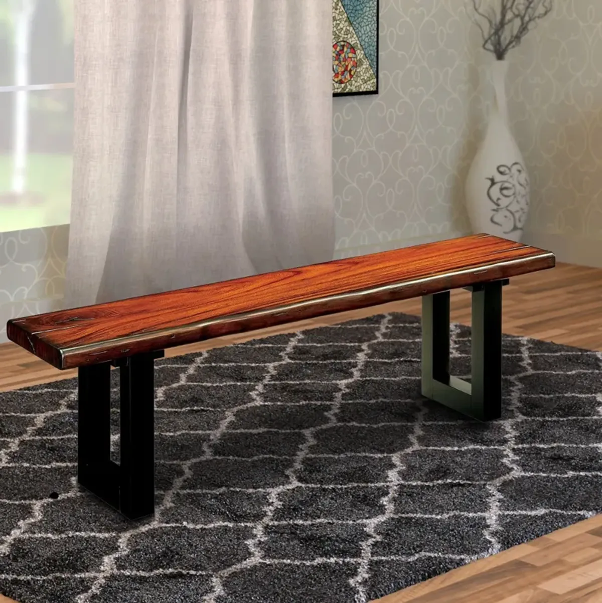 Rectangular Wooden Bench with Curved Edges and Sled Base, Brown and Black-Benzara