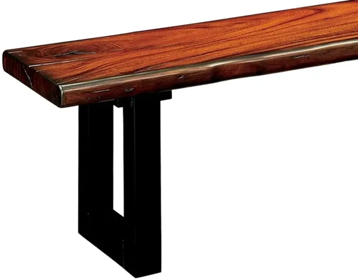 Rectangular Wooden Bench with Curved Edges and Sled Base, Brown and Black-Benzara