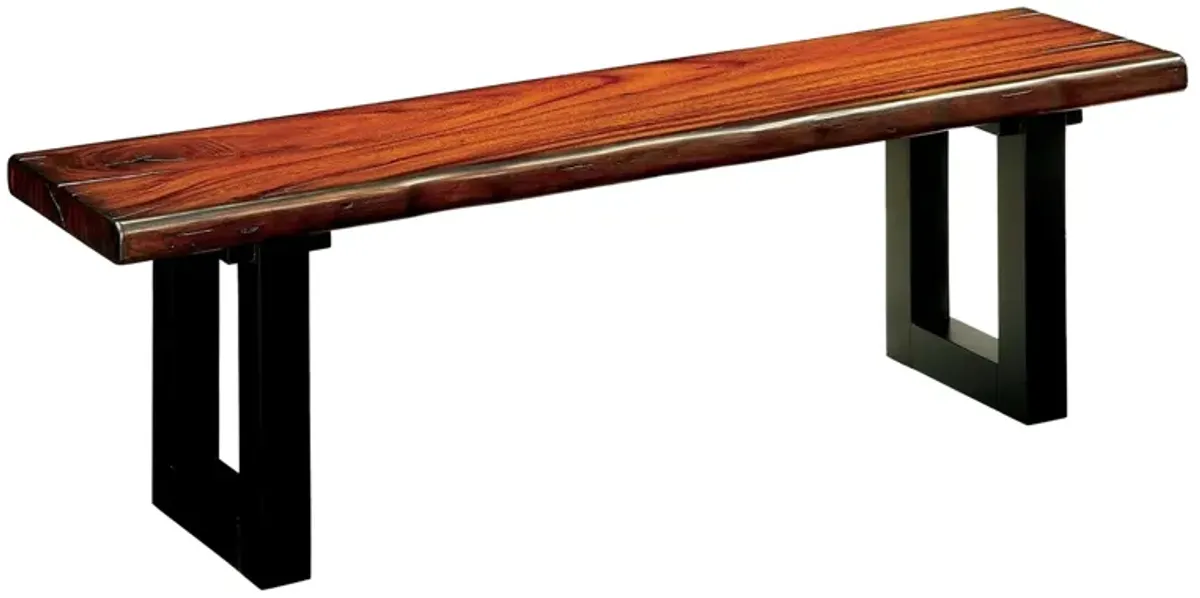 Rectangular Wooden Bench with Curved Edges and Sled Base, Brown and Black-Benzara