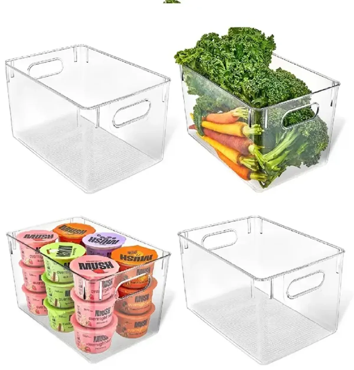 Multi-purpose Refrigerator Bins - 4 pieces Large Capacity Stackable Fridge Bin Organizer with Easy Grip Handles - Clear