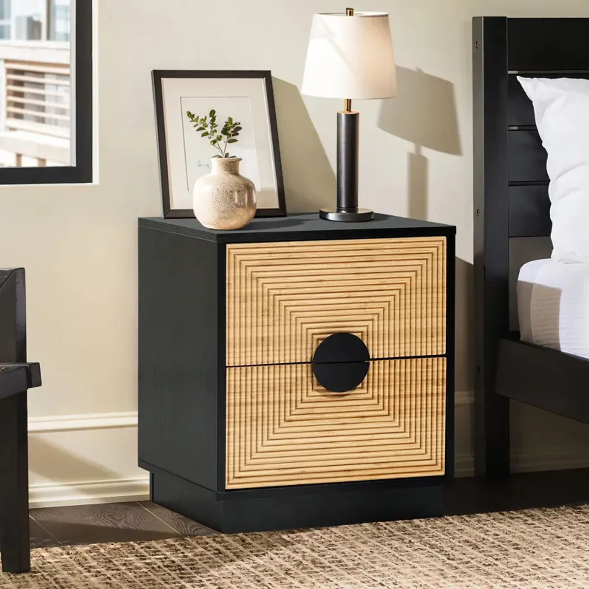 LuxenHome Modern Boho 2-Drawer Black Side Table with Bamboo Strips