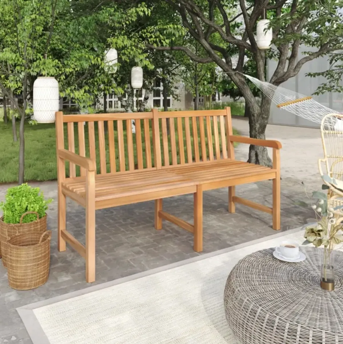 vidaXL Patio Bench - 59.1" Length, Solid Teak Wood, Fine Sanded, Waterbase Finish, Weather Resistant, Garden Furniture, Outdoor Seating