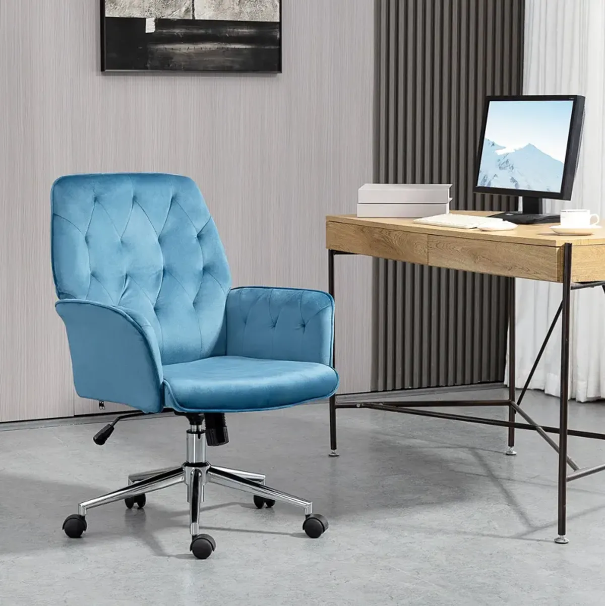 Blue Task Chair: Modern Mid-Back Tufted Linen Fabric Office Chair