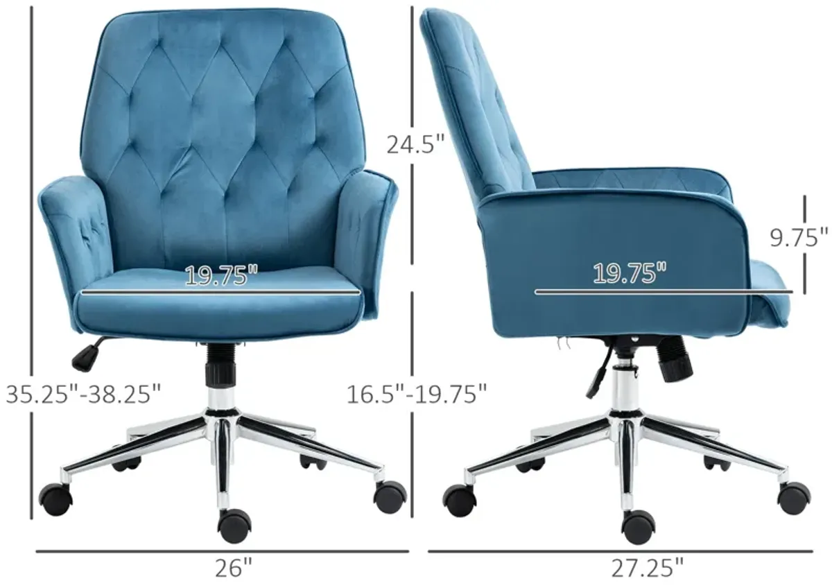 Blue Task Chair: Modern Mid-Back Tufted Linen Fabric Office Chair