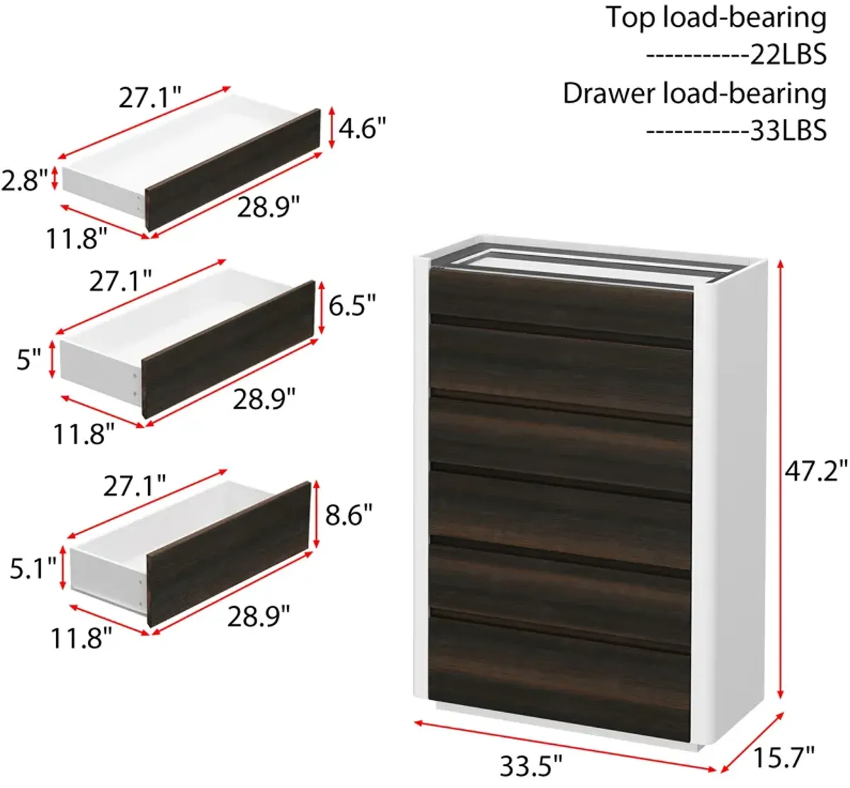 FUFU&GAGA Modern 6-Drawer Dresser with Ample Storage and Elegant Wood Finish for Bedroom or Living Room (33.5" W x 47.2" H x 15.7" D) Brown