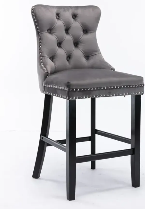 Velvet Bar Stools with Wood Legs and Chrome Trim, Set of 2