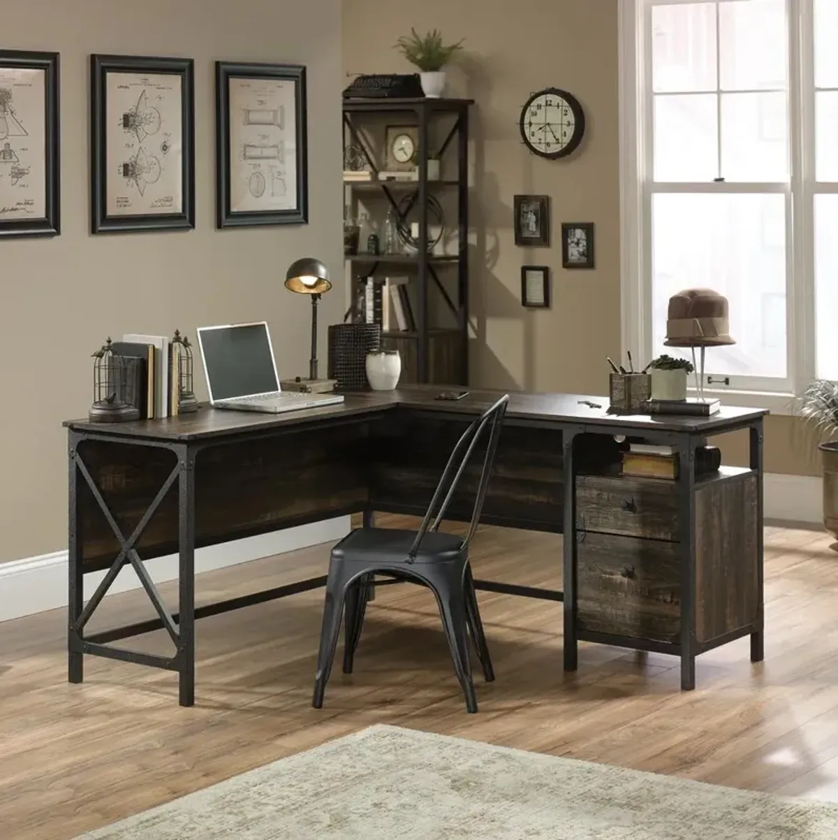 Sauder Steel River L-Desk, Carbon Oak