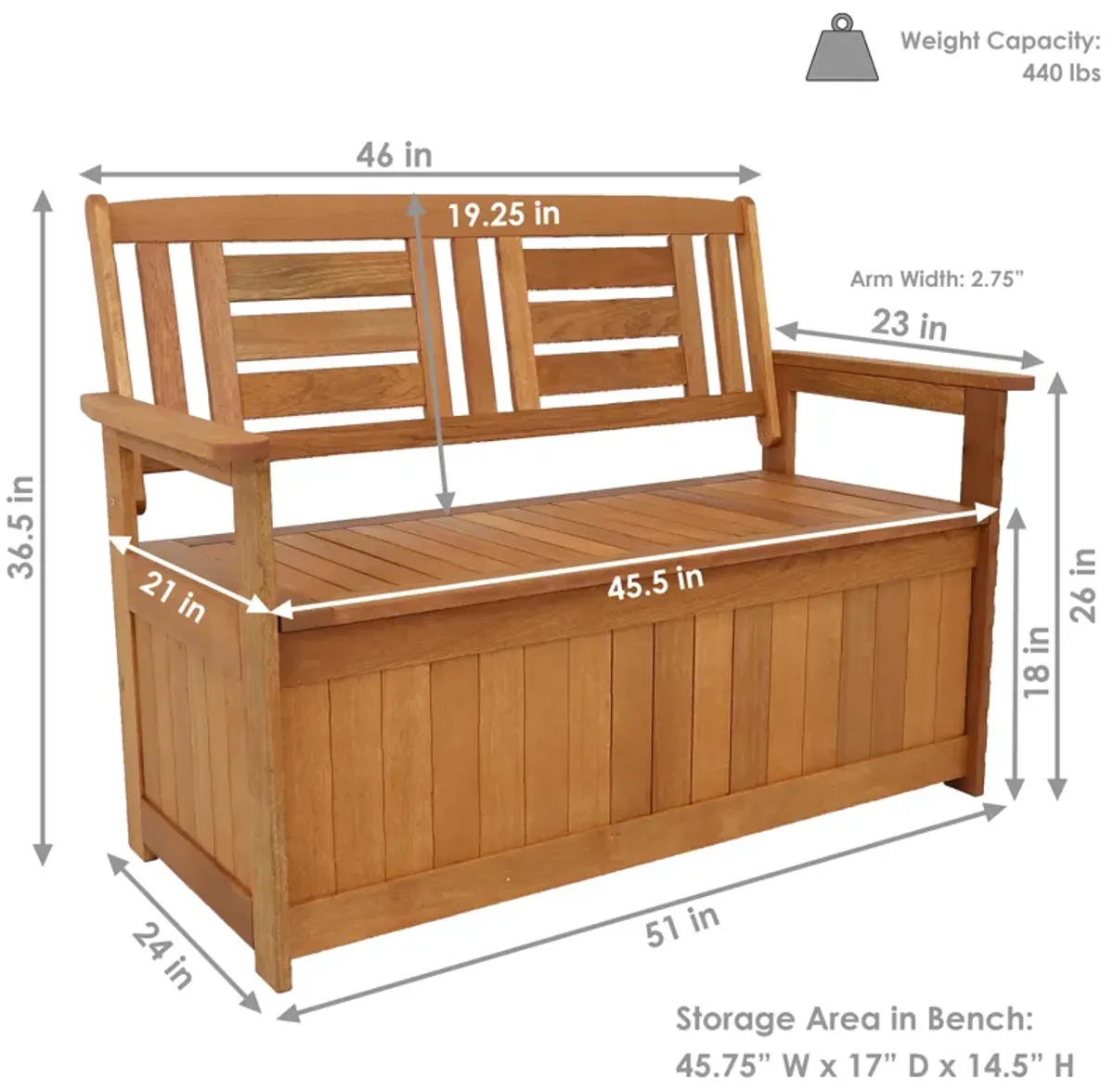 Sunnydaze 2-Person Meranti Wood with Teak Oil Finish Storage Bench - 51 in