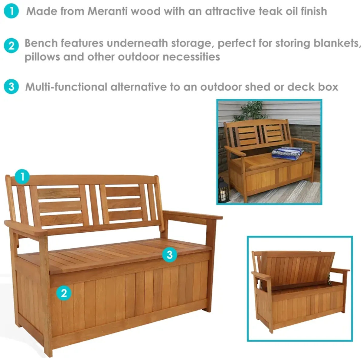 Sunnydaze 2-Person Meranti Wood with Teak Oil Finish Storage Bench - 51 in