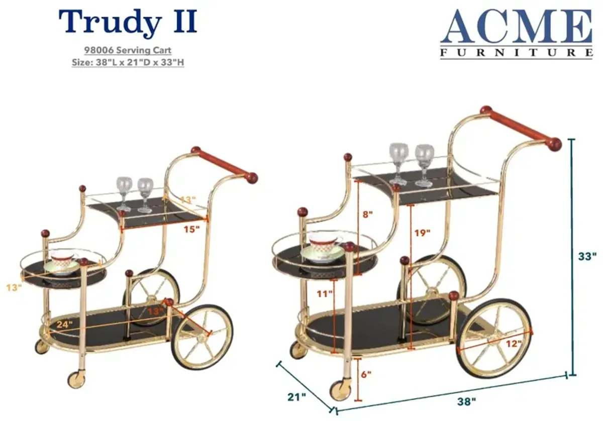 Lacy Serving Cart, Gold Plated, Cherry Wood & Black Glass