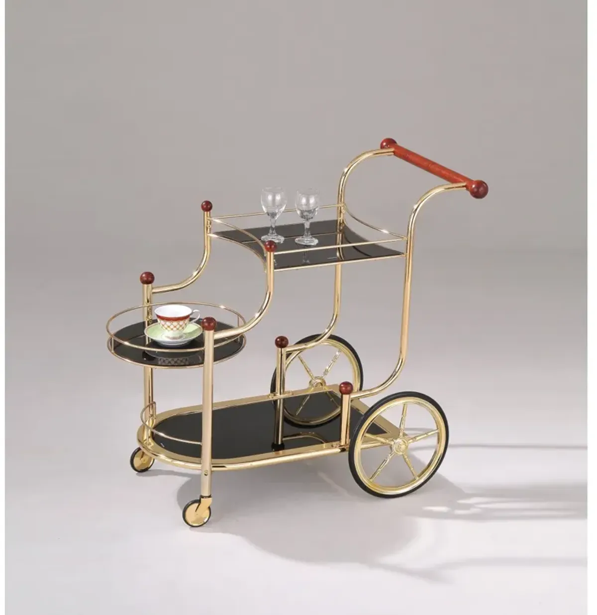 Lacy Serving Cart, Gold Plated, Cherry Wood & Black Glass