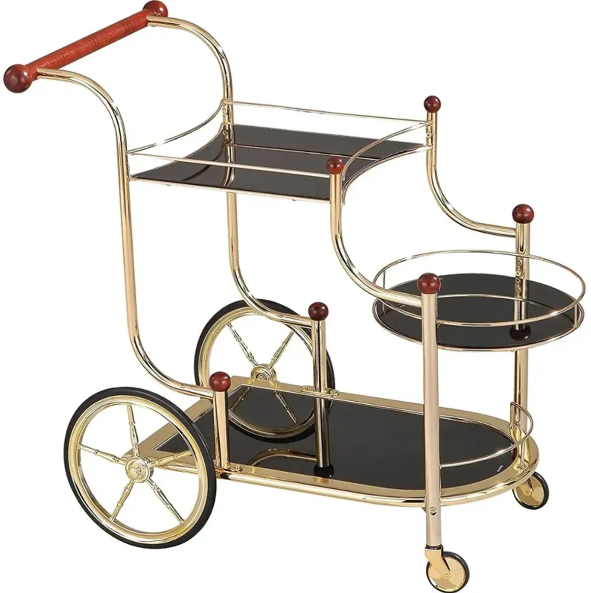 Lacy Serving Cart, Gold Plated, Cherry Wood & Black Glass