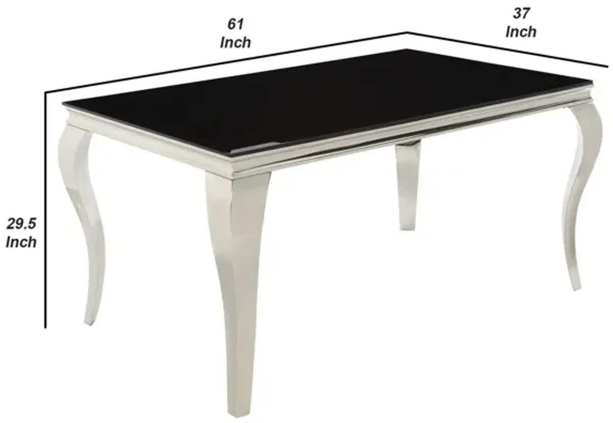 Dining Table with Glass Top and Metal Legs, Black and Chrome-Benzara