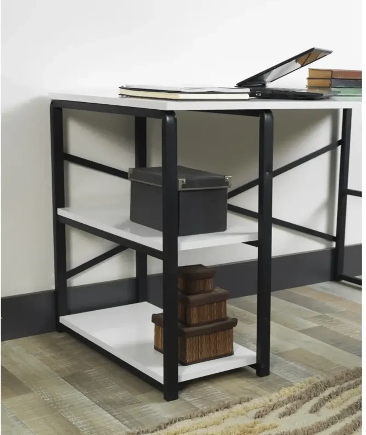 Furnish Home Store Sage Black Metal Frame 47" Wooden Top 2 Shelves Writing and Computer Desk for Home Office, White